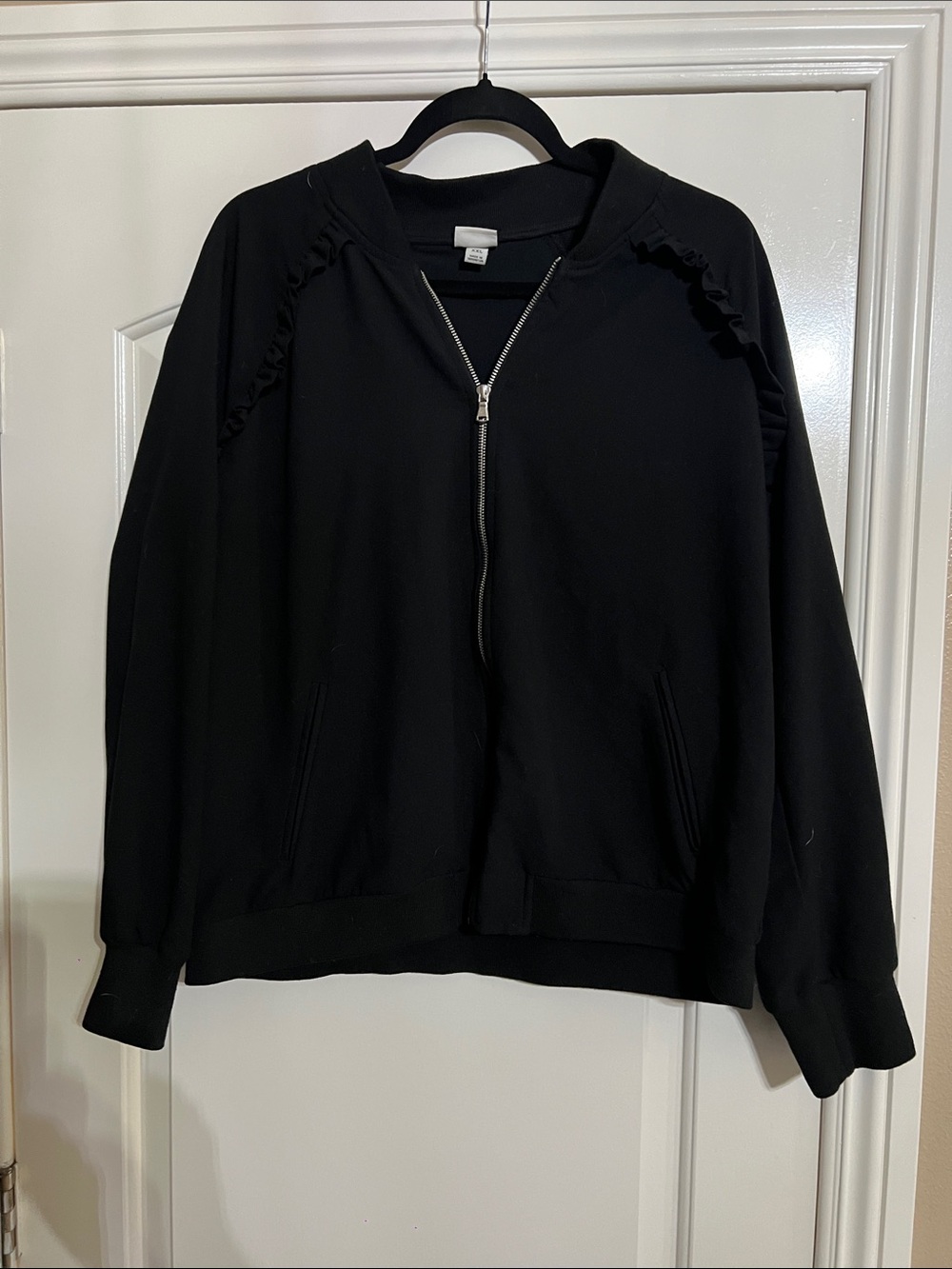 Ruffle-Trim Black Bomber Jacket - Women's